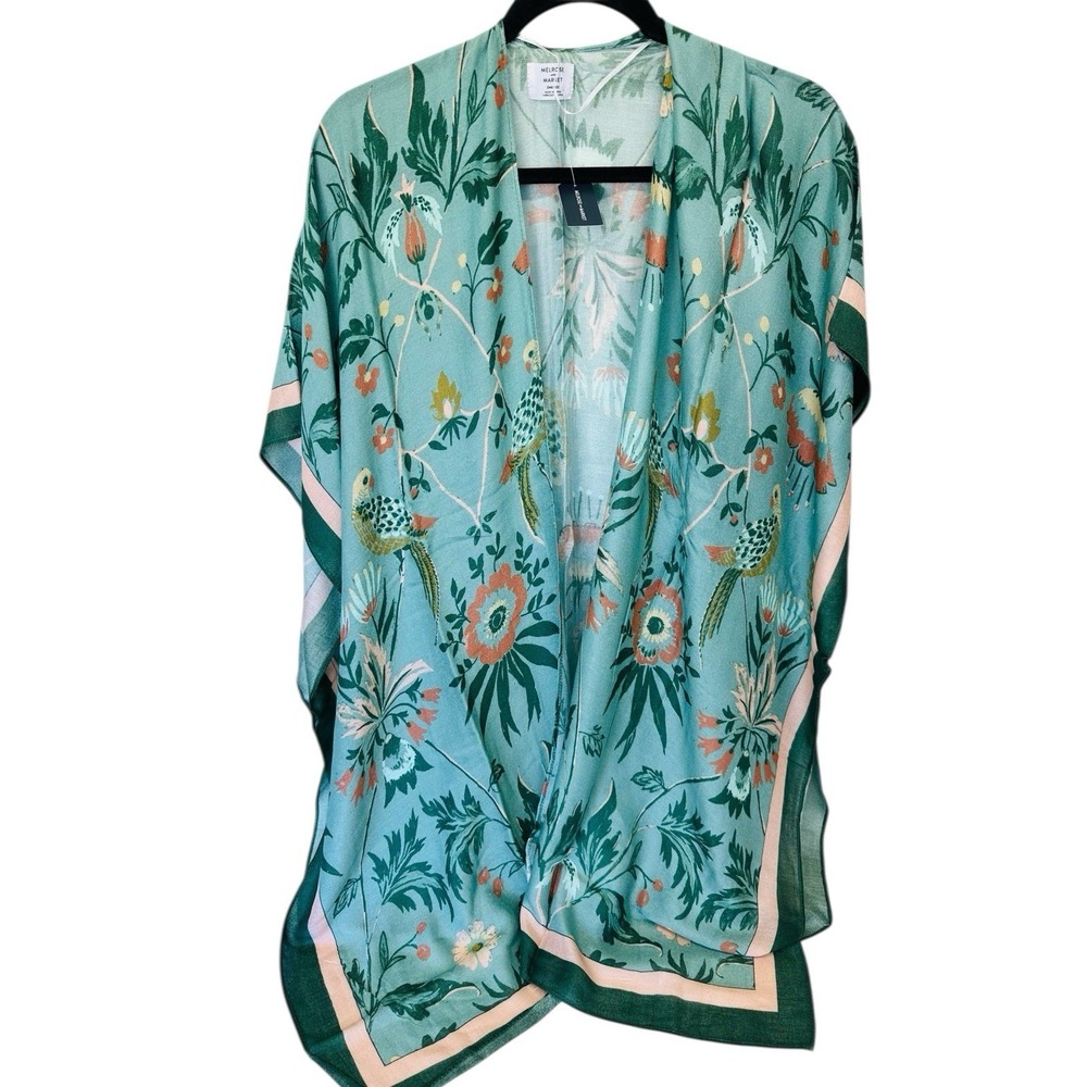 Melrose & Market Ruana One Size Dusty Blue/Green Flora Birds Open Front NWT